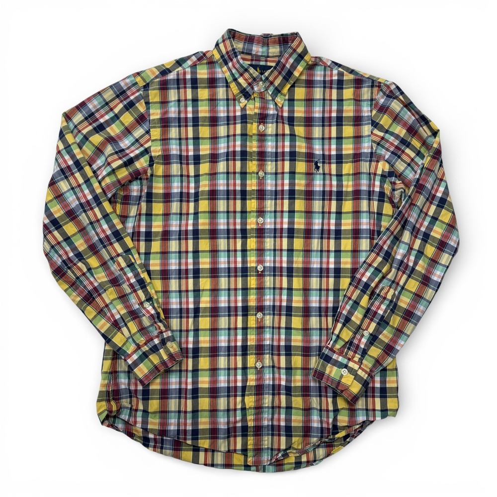 Ralph Lauren Button Down Shirt Men Medium Custom Fit Yellow Plaid Long Sleeve